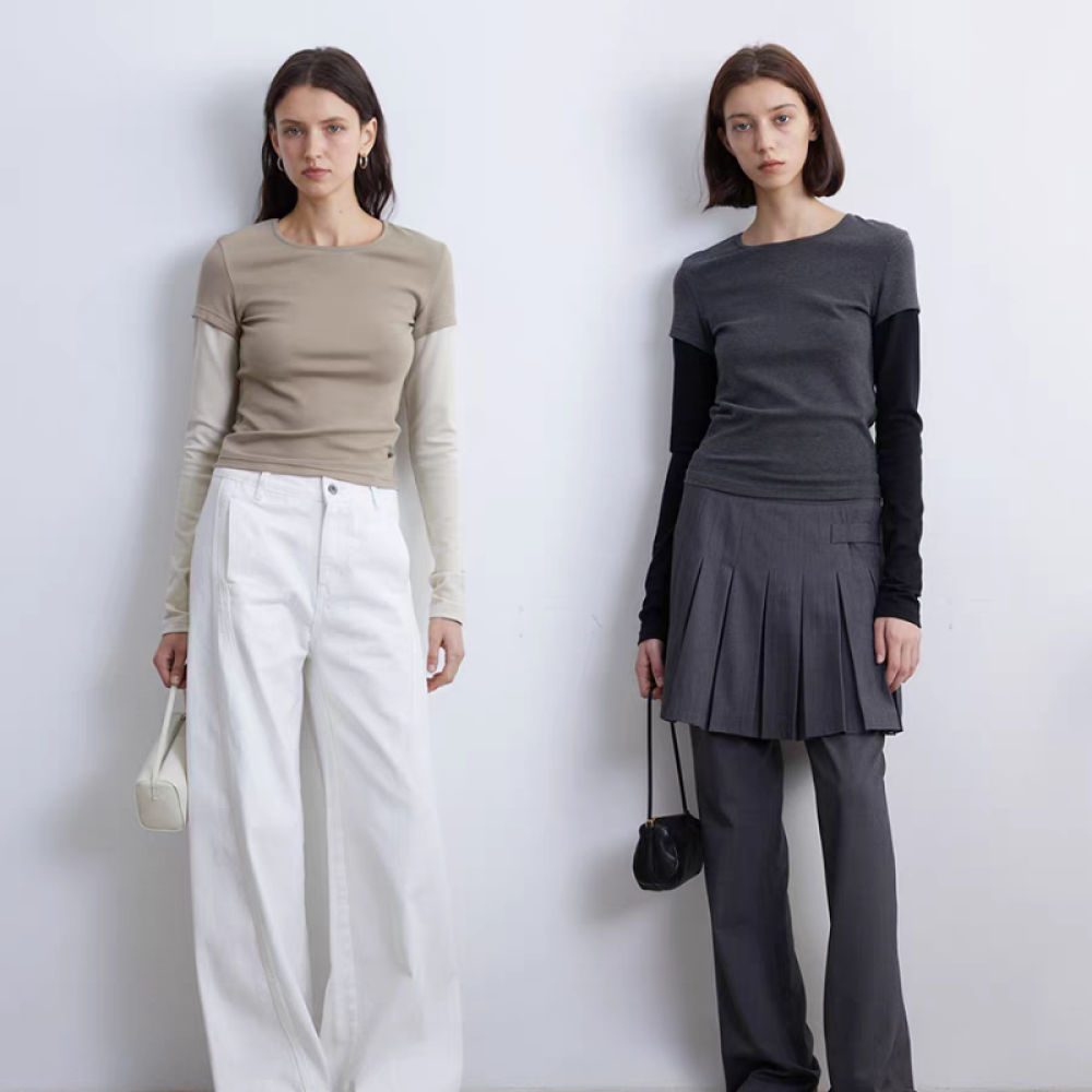 Minimalist Fake Two-Piece Slim-Fit Long Sleeve Tee